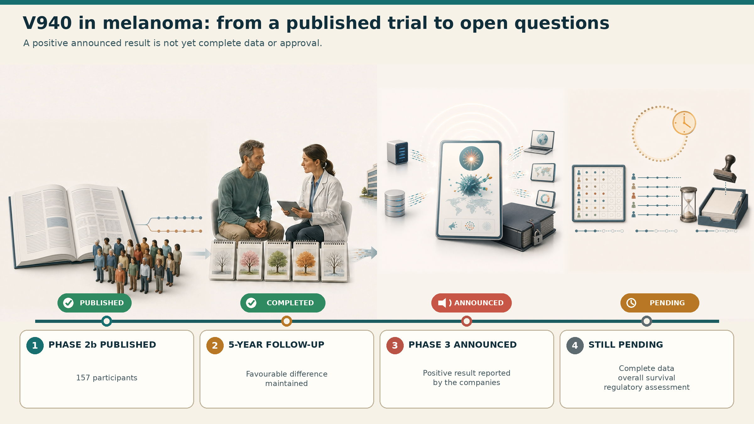 Conceptual illustration of evidence status: published Phase 2, completed five-year follow-up, a Phase 3 result announced by the companies, and complete data, overall survival and regulatory assessment pending.
