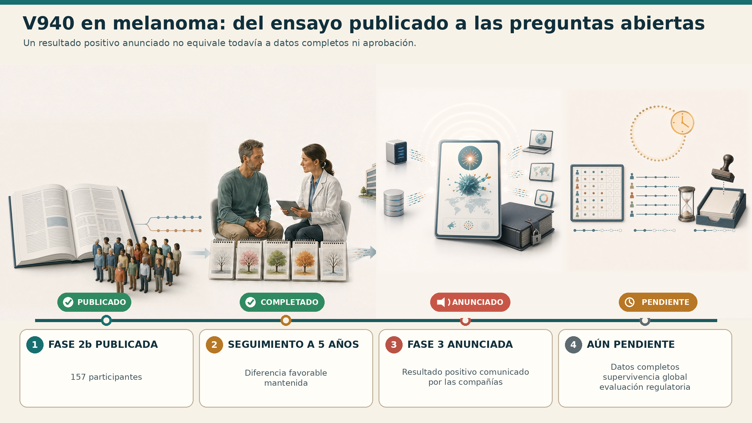 Ilustración conceptual del estado de la evidencia: fase 2 publicada, seguimiento a cinco años completado, resultado positivo de fase 3 anunciado por las compañías y datos completos, supervivencia global y evaluación regulatoria pendientes.