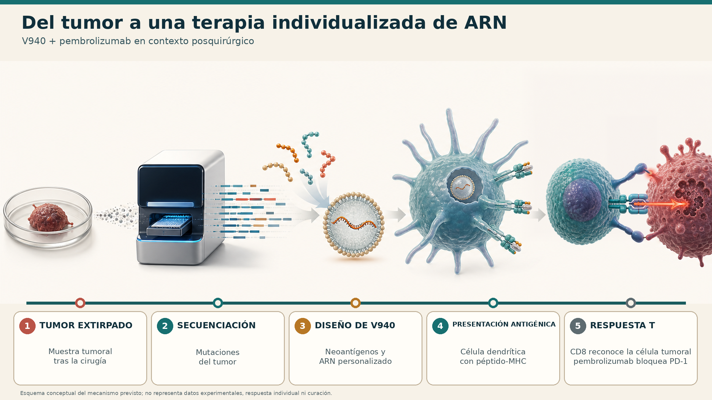 Secuencia ilustrada del diseño de V940 desde la muestra tumoral hasta la respuesta de linfocitos T frente a la célula tumoral.