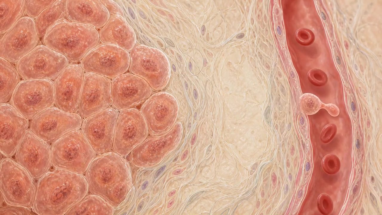 Célula tumoral conceptual acercándose a un vaso sanguíneo