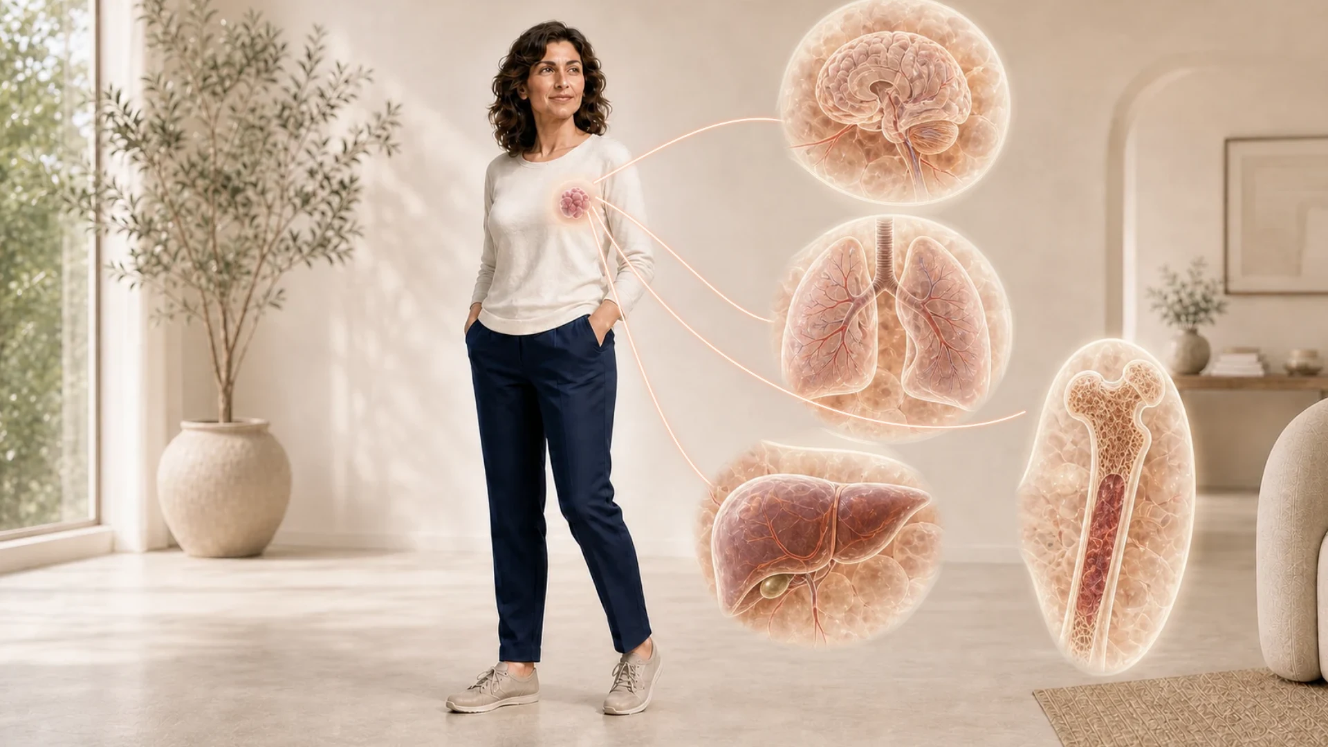 Tumor primario conceptual y cuatro posibles destinos metastásicos