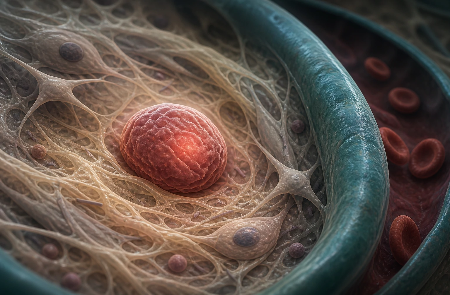 Conceptual dormant tumour cell resting within a quiet perivascular tissue niche