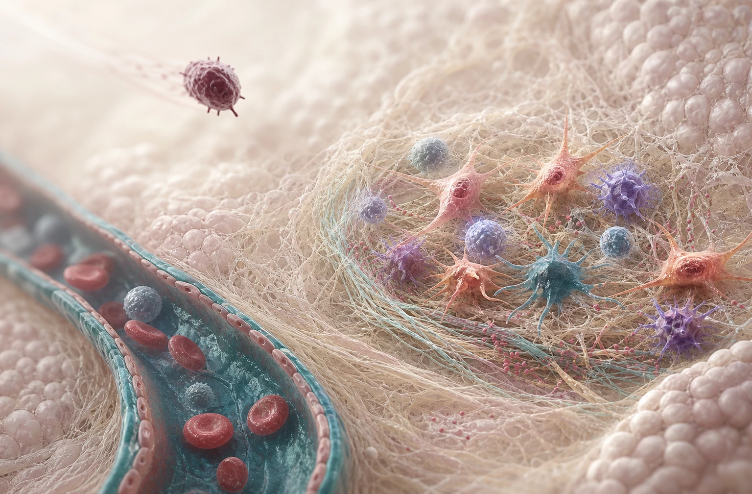 Conceptual pre-metastatic tissue niche with a distant tumour cell, stromal cells and a nearby capillary