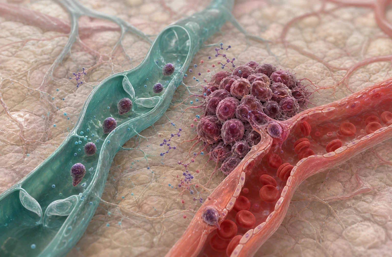 Conceptual lymphatic and blood vessels interacting with tumour cells in tissue